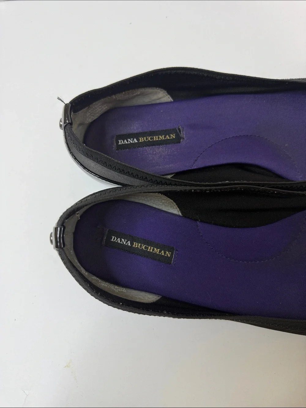 Dana Buchman Black Flats with Patent Toe and Purple Insole